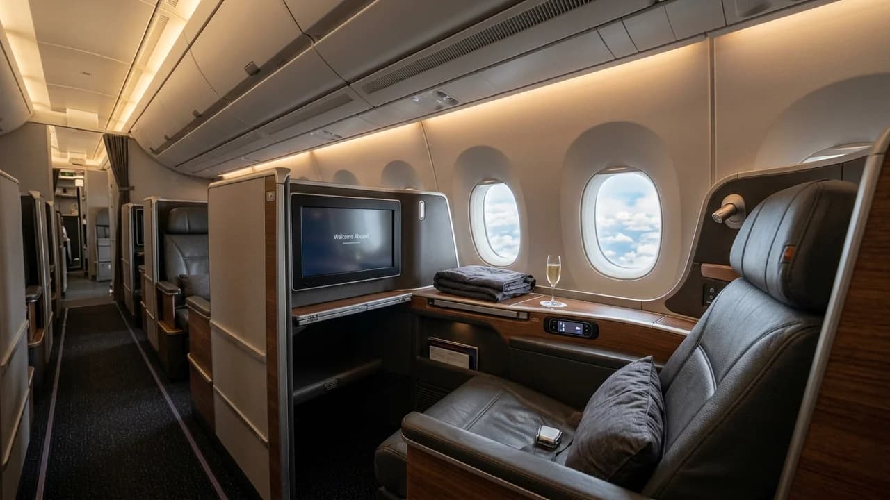 Aegean Airlines business class cabin with lie-flat suite and premium amenities