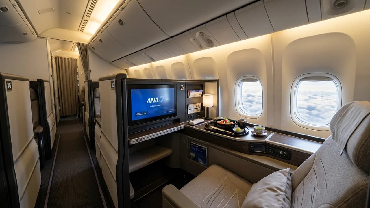 ANA business class cabin with lie-flat suite and premium amenities