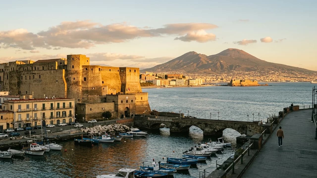 Iconic landmark in Naples, Italy at golden hour