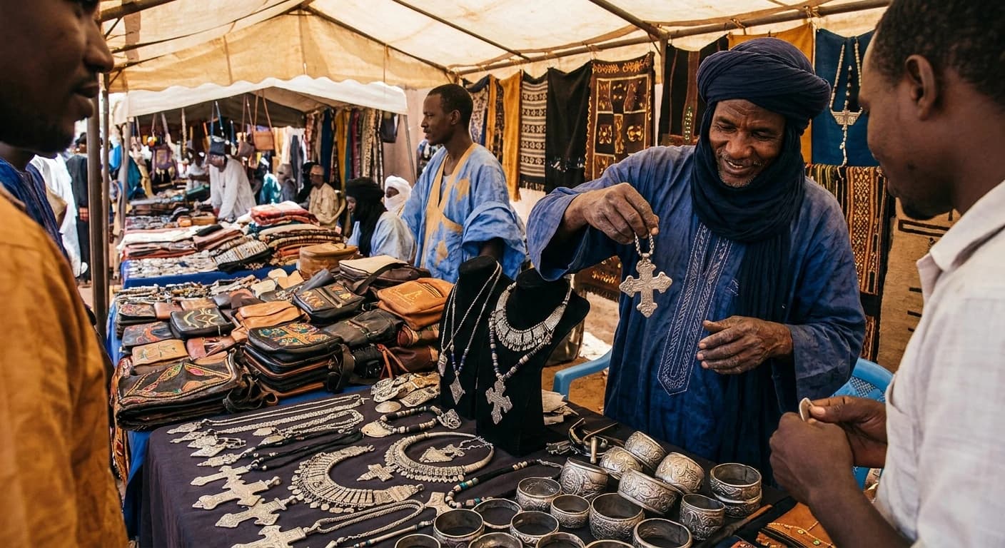 Traditional Tuareg silver jewelry and artisan crafts at a market in Niamey, Niger