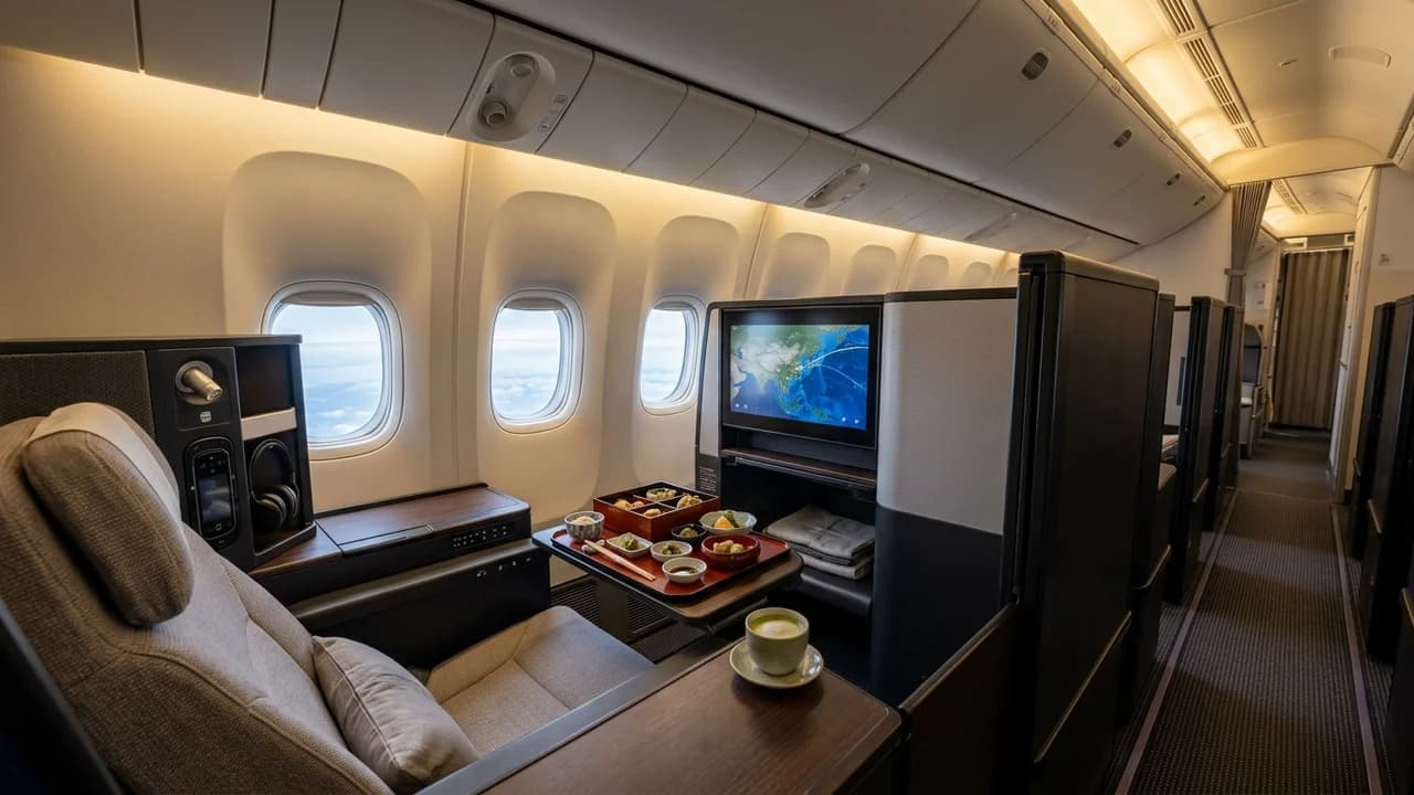 ANA business class cabin with lie-flat suite and premium amenities