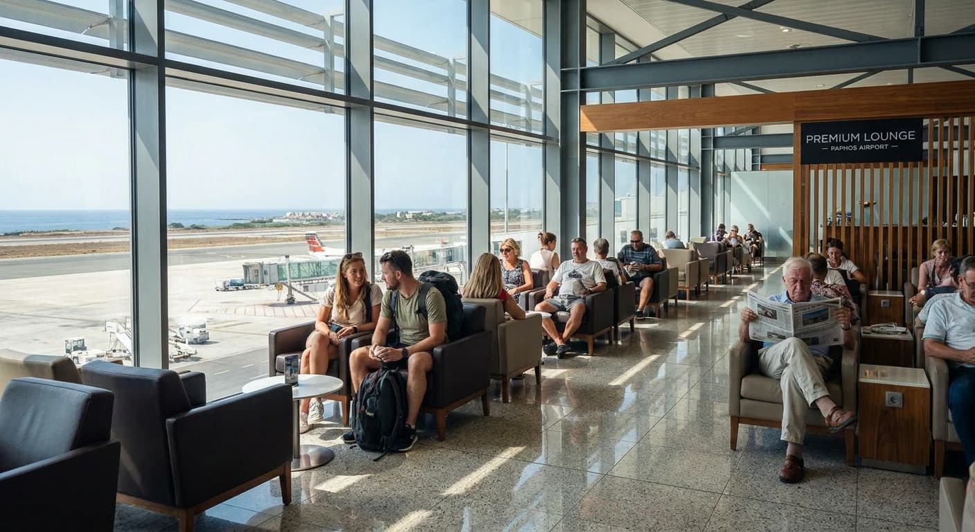 Modern terminal interior at Paphos International Airport with Mediterranean light