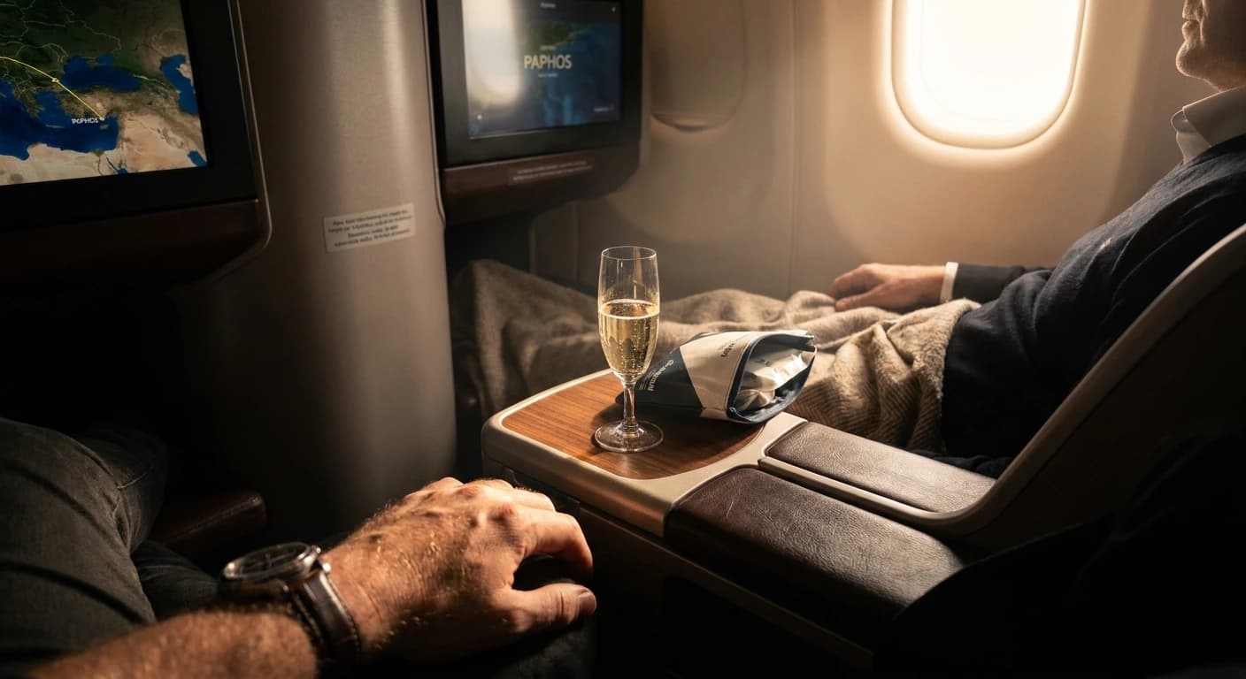Premium business class cabin with lie-flat seat and Mediterranean-inspired amenities