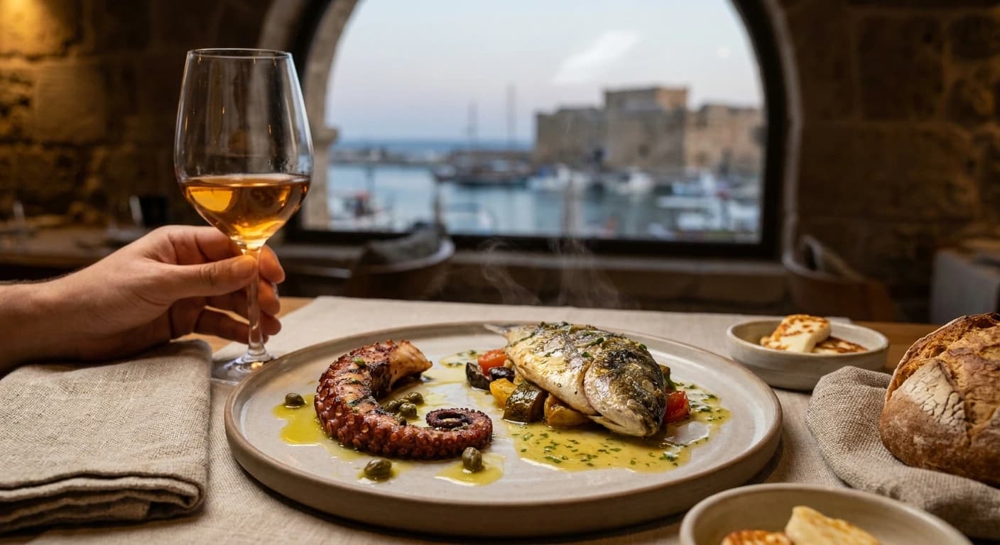 Traditional Cypriot meze spread with fresh seafood and local specialties in Paphos