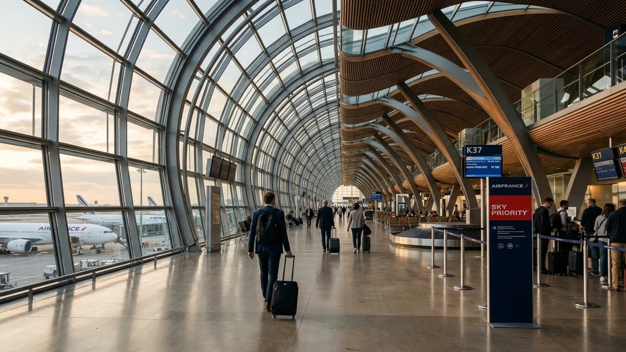 Modern interior of Paris Charles de Gaulle Airport Terminal 2E with curved glass ceiling