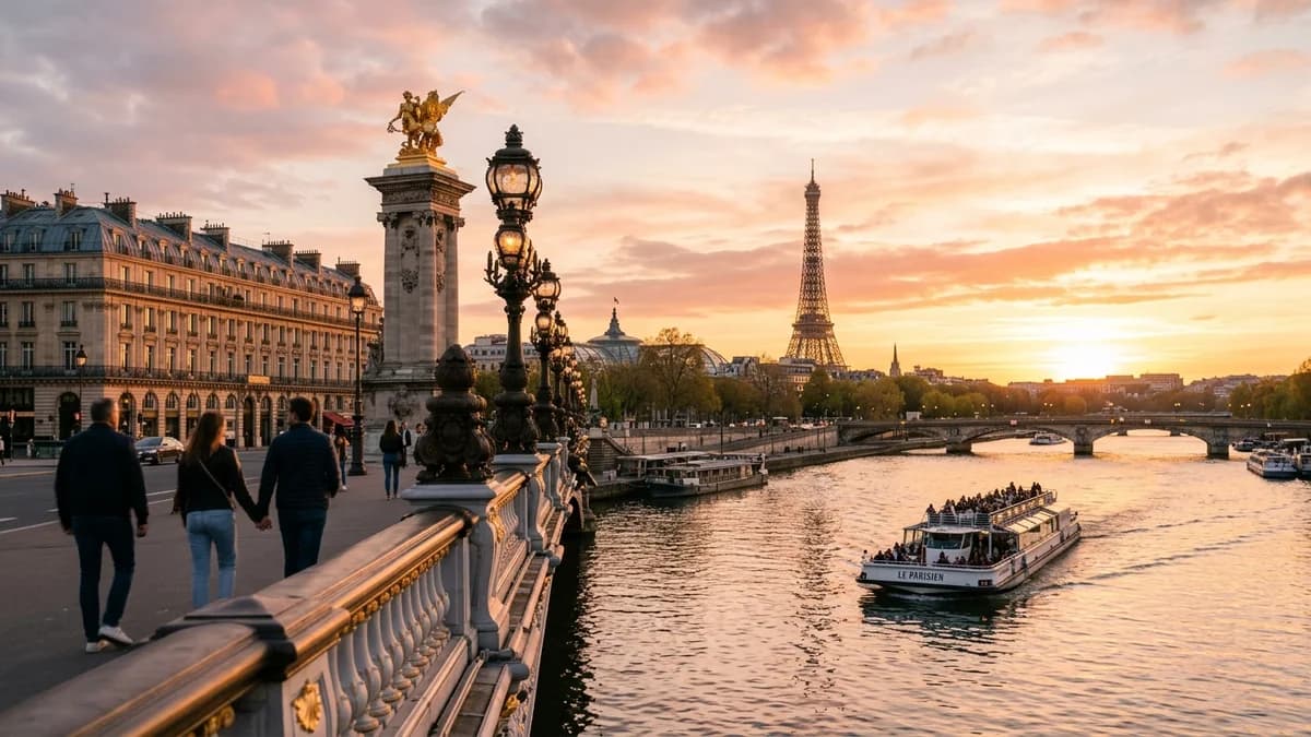 Golden-hour view of the Seine River and Eiffel Tower from Pont Alexandre III in Paris