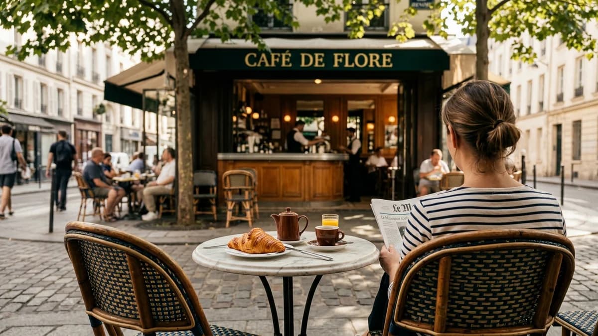 Classic Parisian café breakfast with croissant and café au lait in Saint-Germain-des-Prés