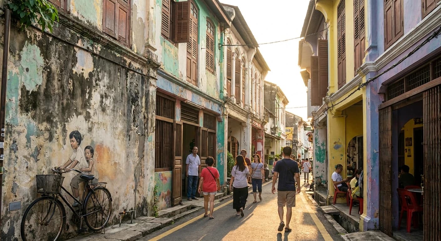 Georgetown street art murals with heritage shophouses in Penang