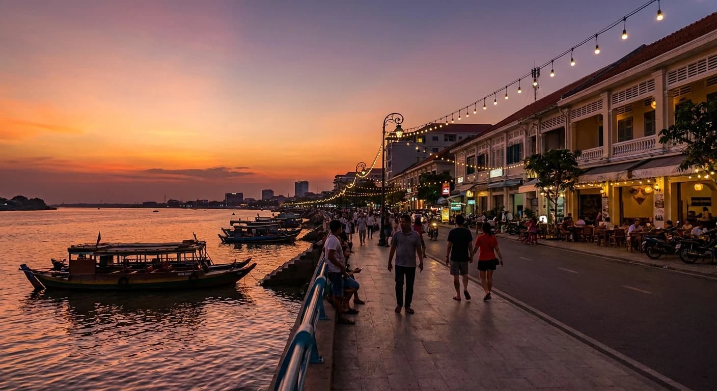 Riverside promenade along Sisowath Quay in Phnom Penh at dusk
