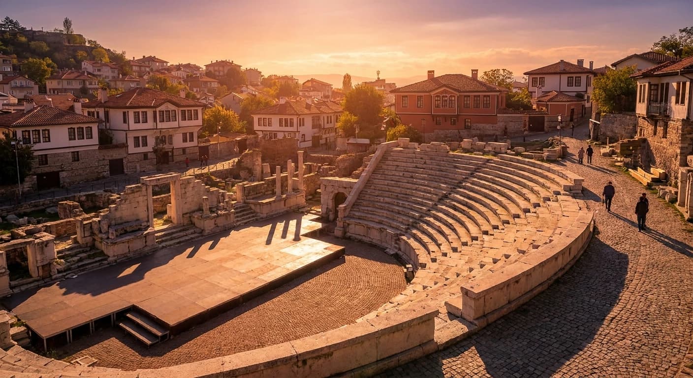 Ancient Roman amphitheater in Plovdiv's Old Town at golden hour