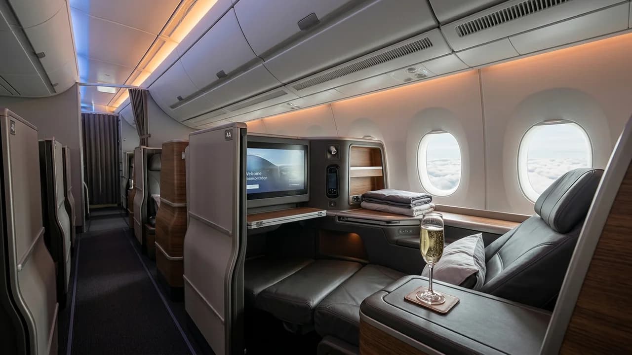 Austrian Airlines business class cabin with lie-flat suite and premium amenities