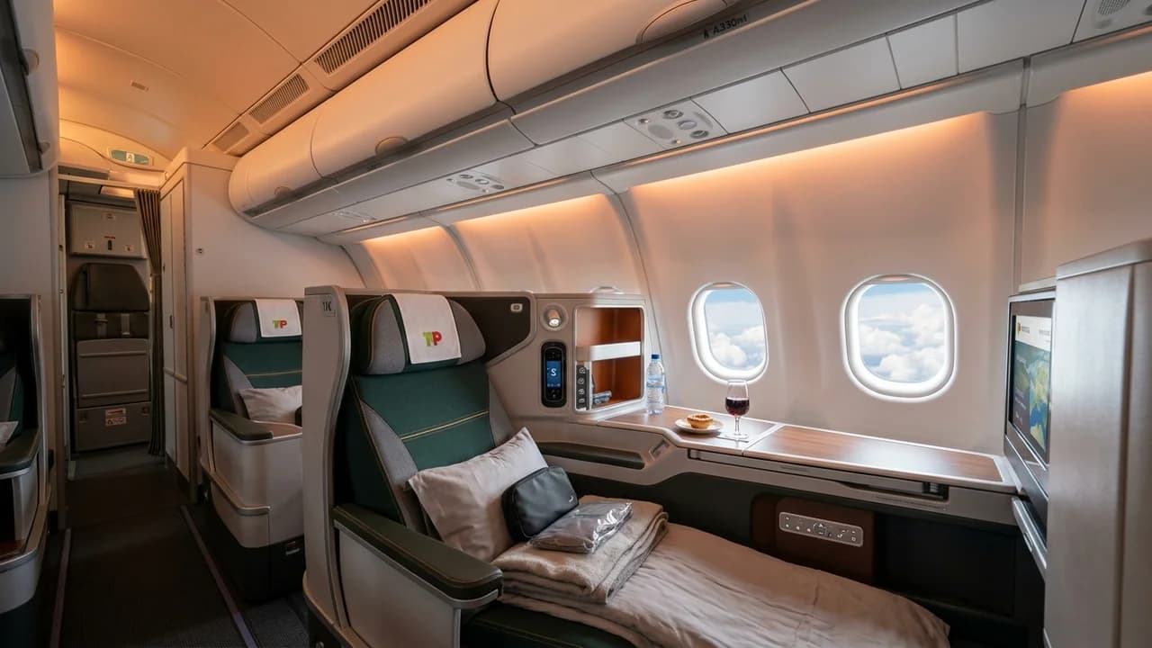 TAP Portugal business class cabin with lie-flat suite and premium amenities