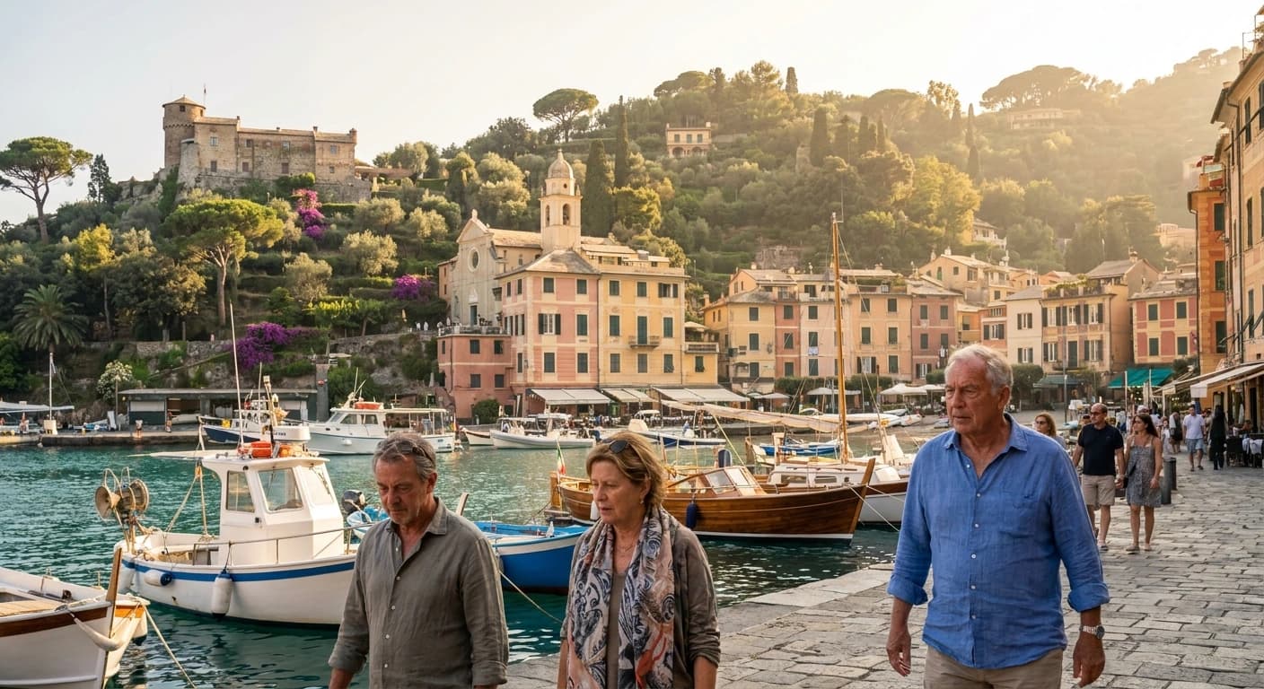 Portofino's iconic pastel-colored harbor with superyachts and Castello Brown at golden hour