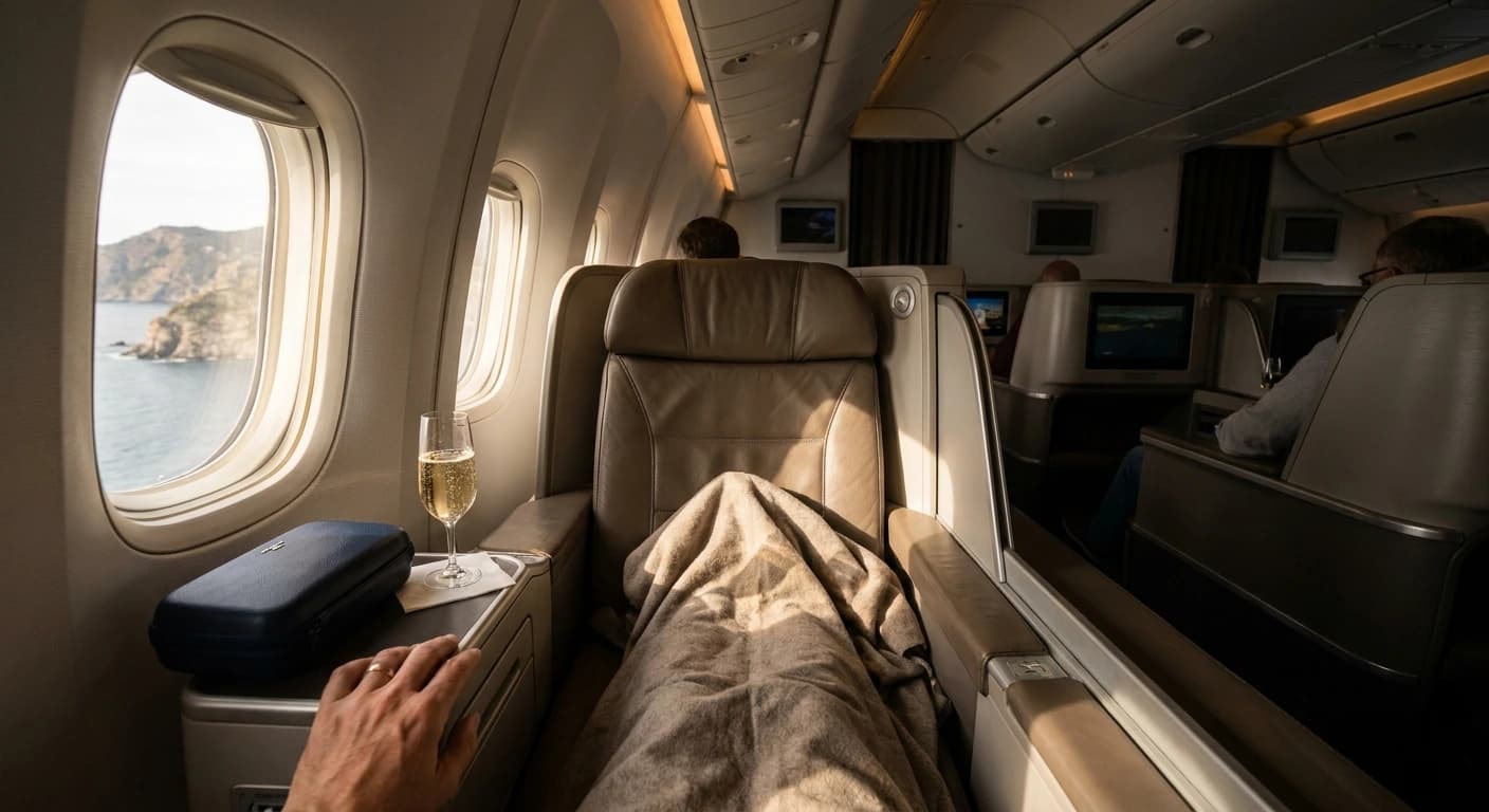 Lie-flat business class cabin with premium Italian-inspired amenities on a transatlantic flight