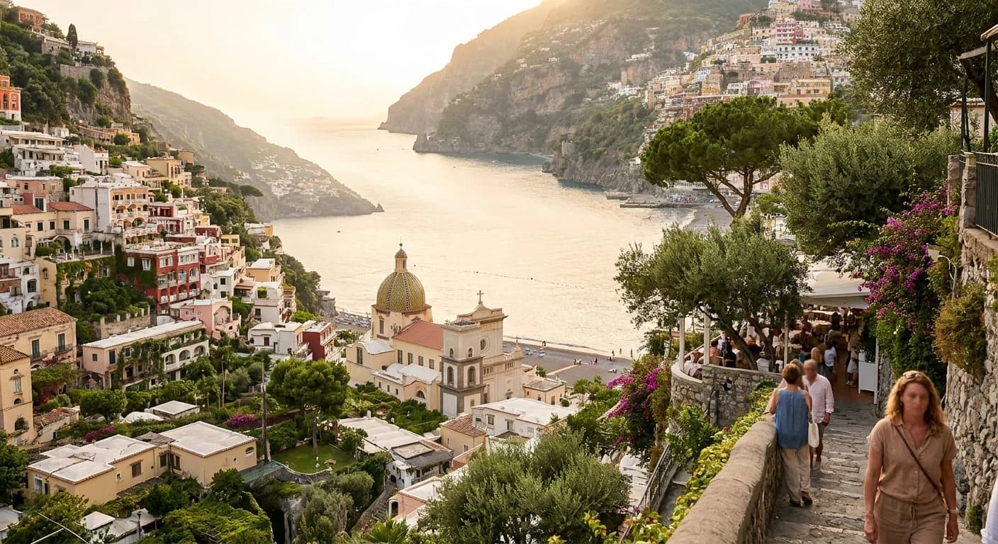 Positano's iconic pastel-colored village cascading down cliffs to the turquoise Tyrrhenian Sea