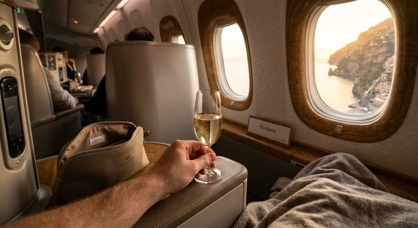 Lie-flat business class cabin with premium bedding and Italian-inspired amenities