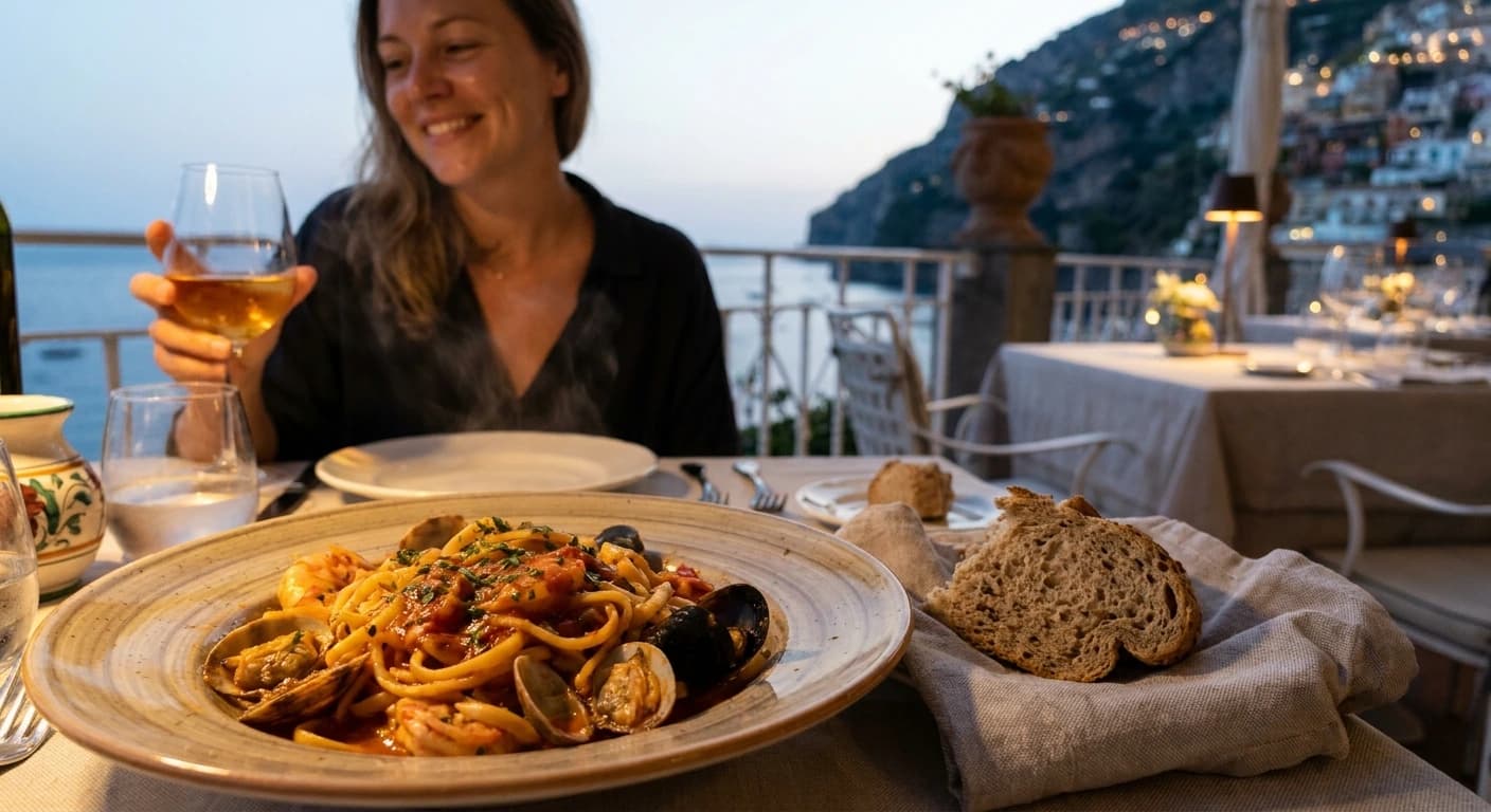 Candlelit terrace dining overlooking the Amalfi Coast at sunset