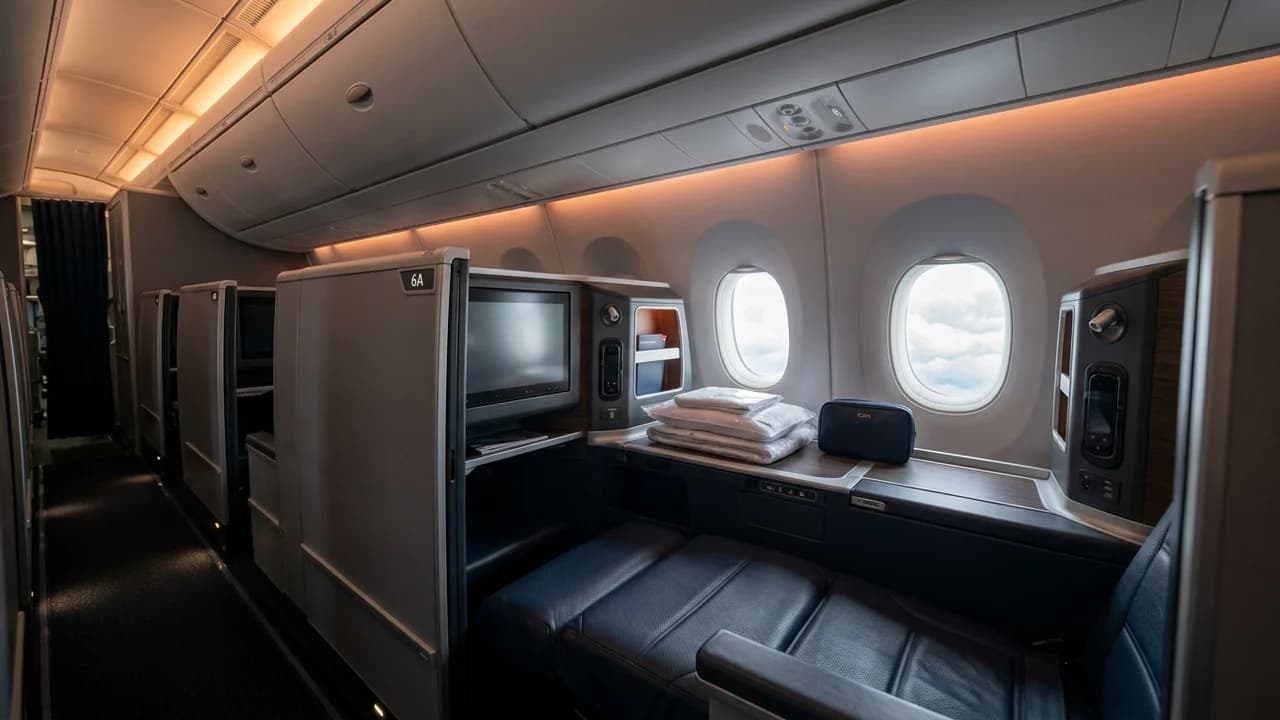 Delta business class cabin with lie-flat suite and premium amenities