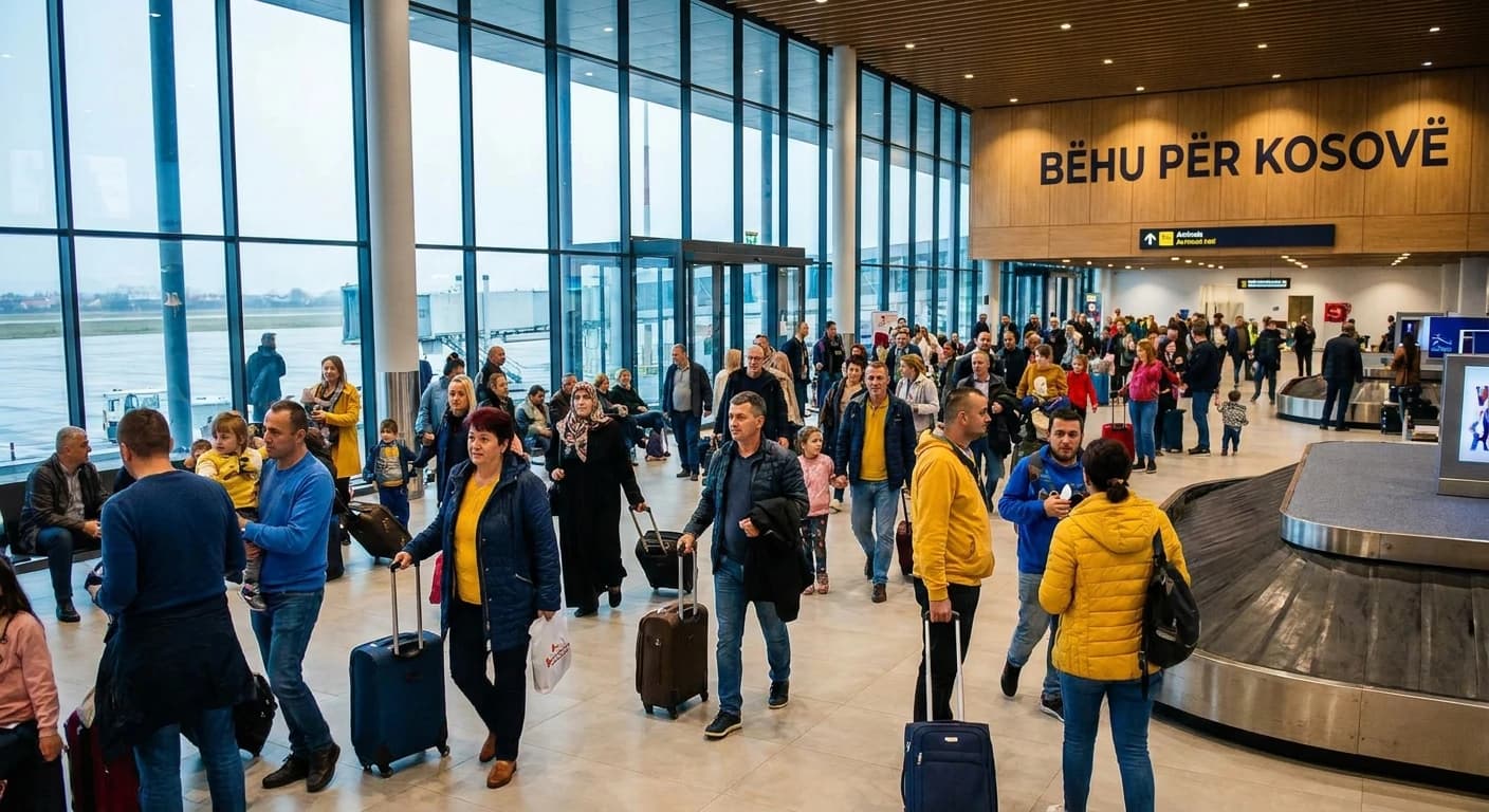 Adem Jashari International Airport terminal arrivals hall in Prishtina, Kosovo
