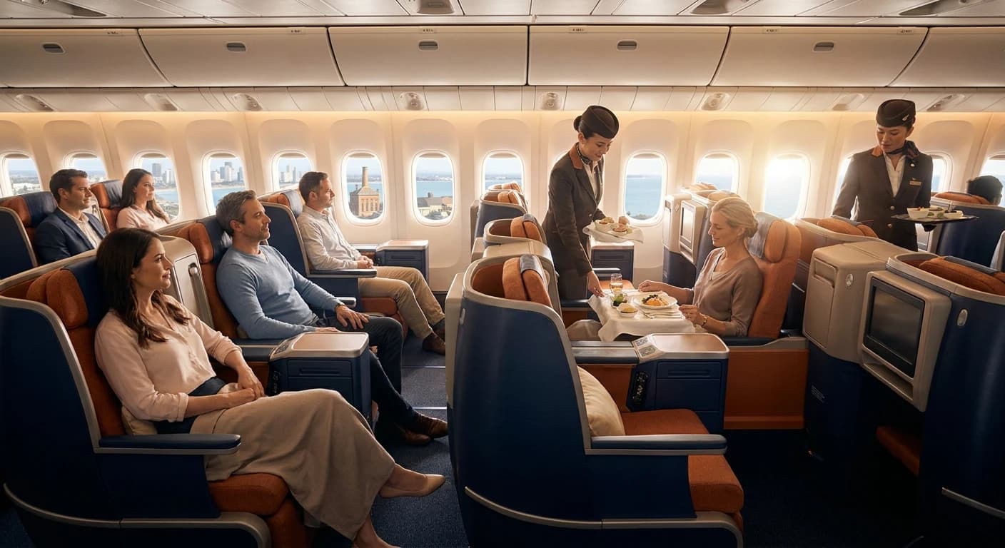 Business class cabin on a flight serving Qingdao routes