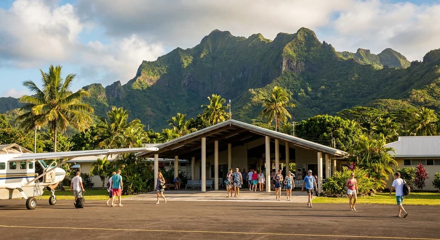 Rarotonga airport with mountain backdrop