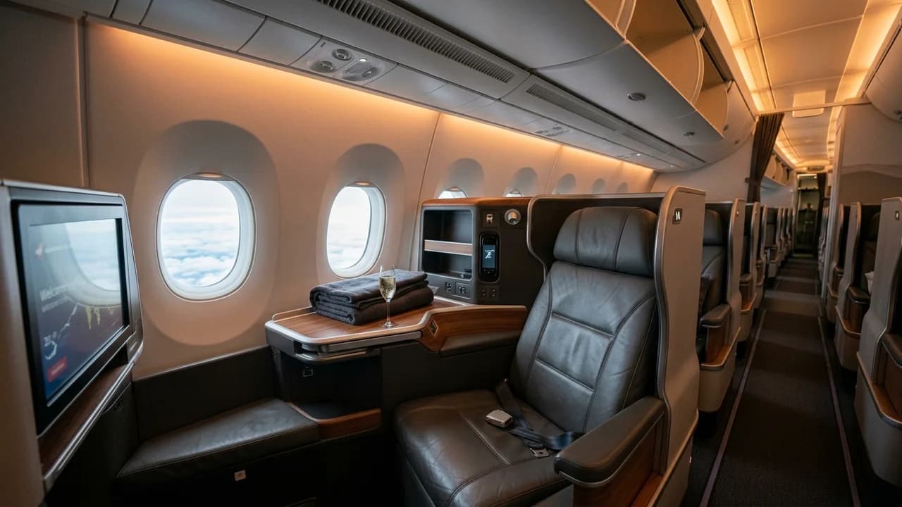Icelandair business class cabin with lie-flat suite and premium amenities