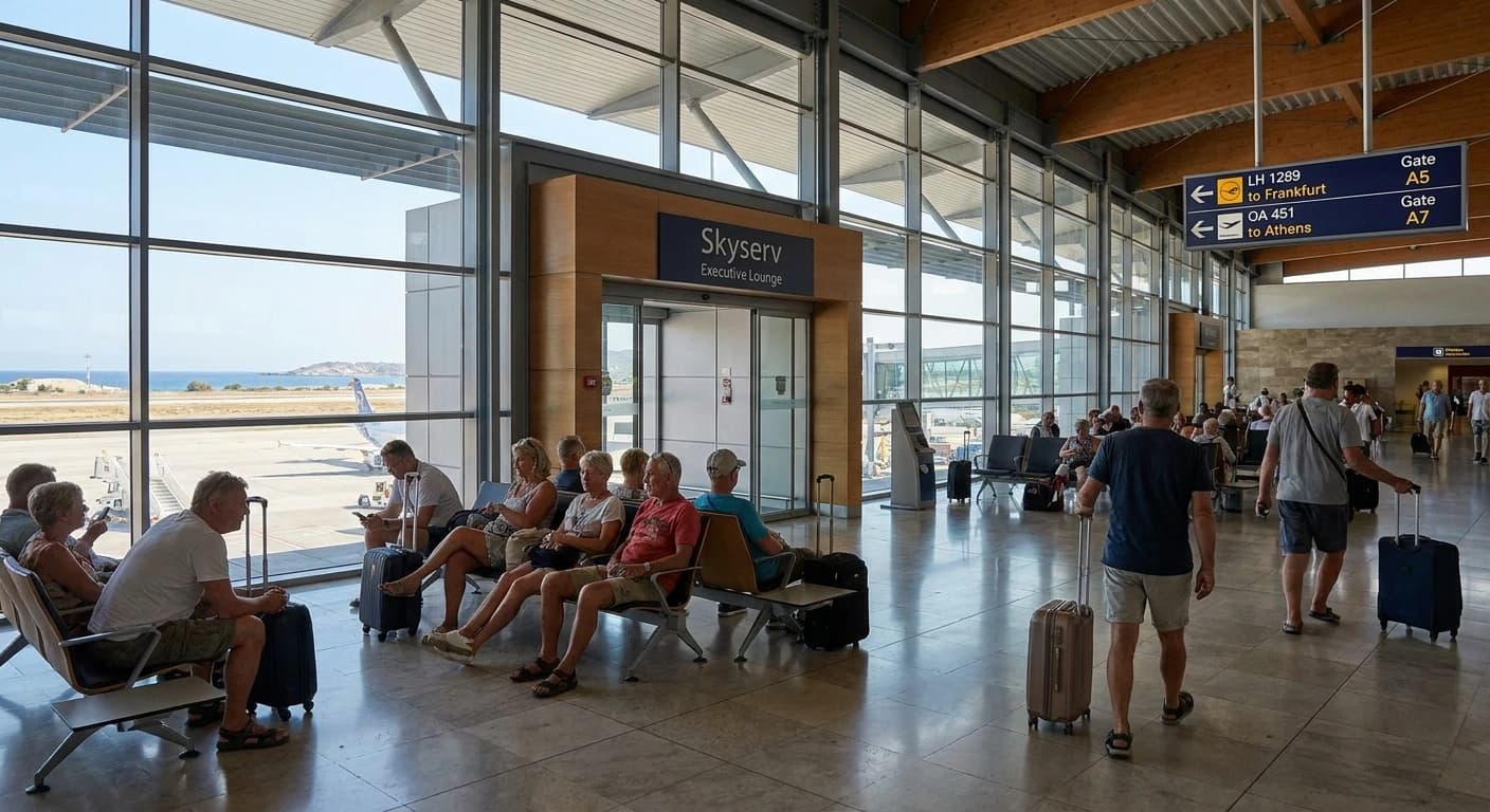 Diagoras International Airport terminal exterior in Rhodes, Greece