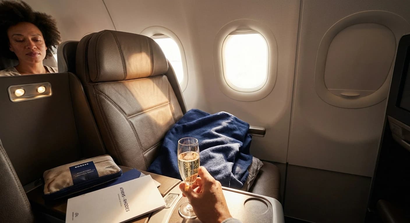 Premium business class cabin with lie-flat seat and Aegean Sea views