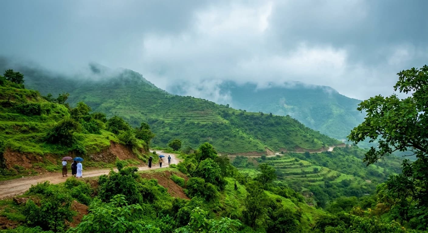 Lush green mountains during Salalah's Khareef monsoon season