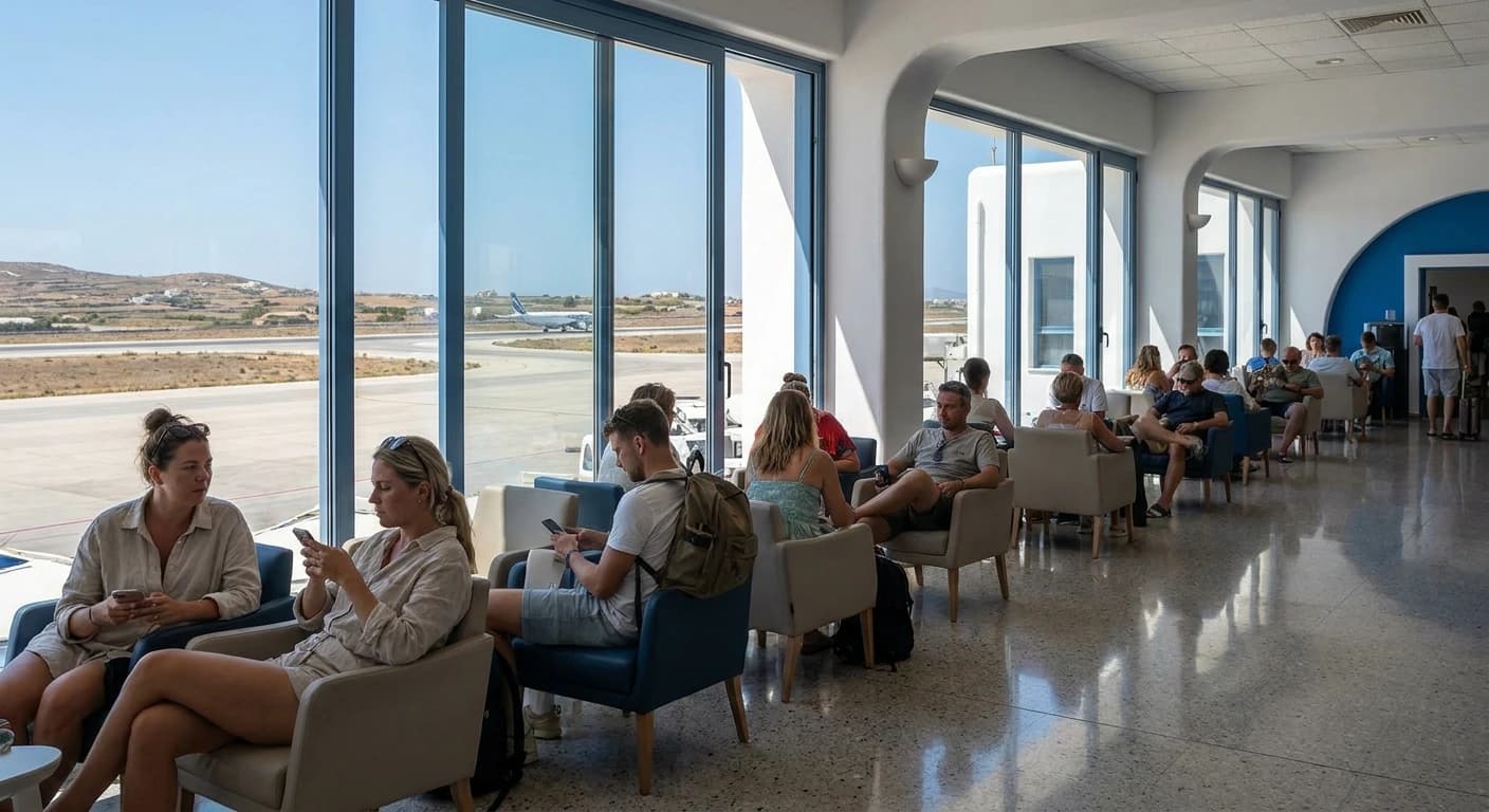 Santorini Thira Airport terminal with Aegean Airlines aircraft on the apron