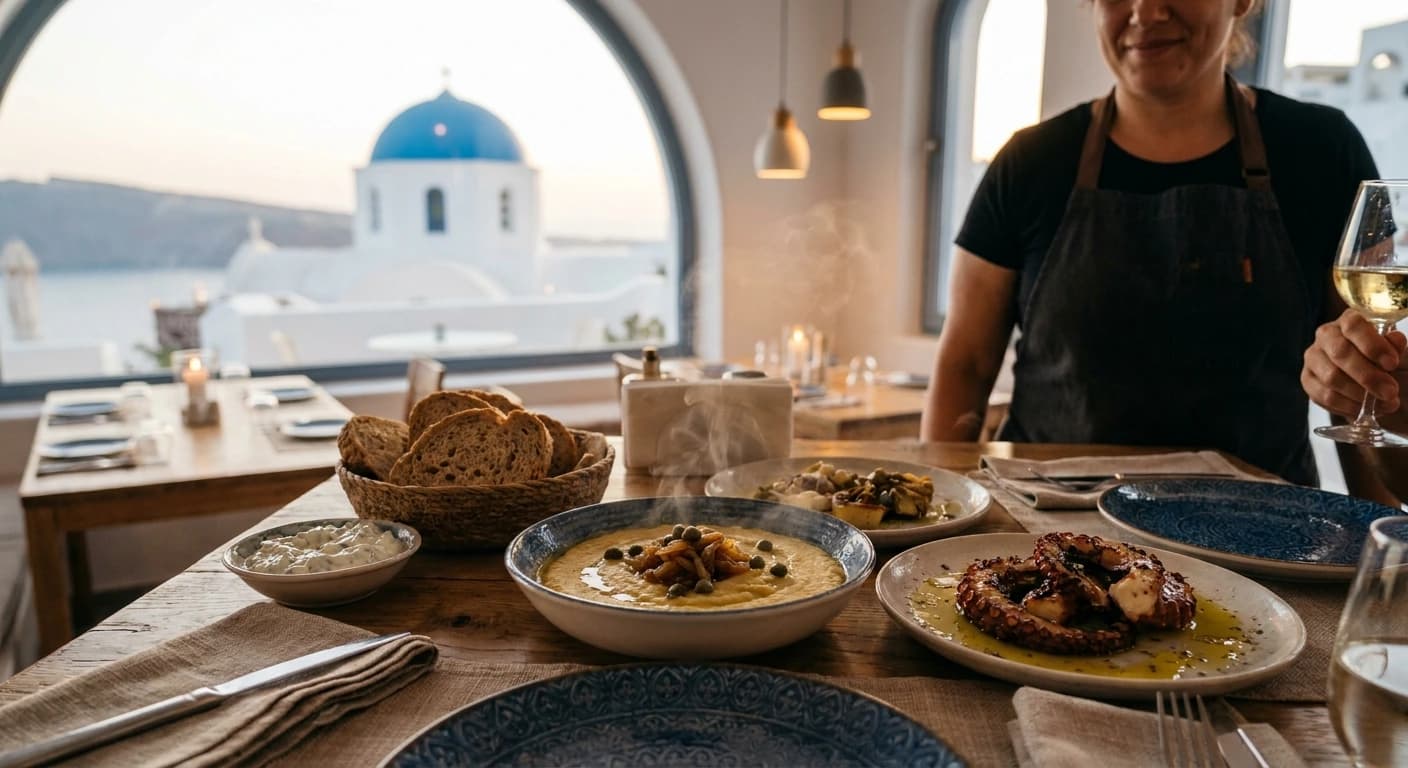 Fresh Greek seafood and local Santorini wine served at a caldera-view restaurant