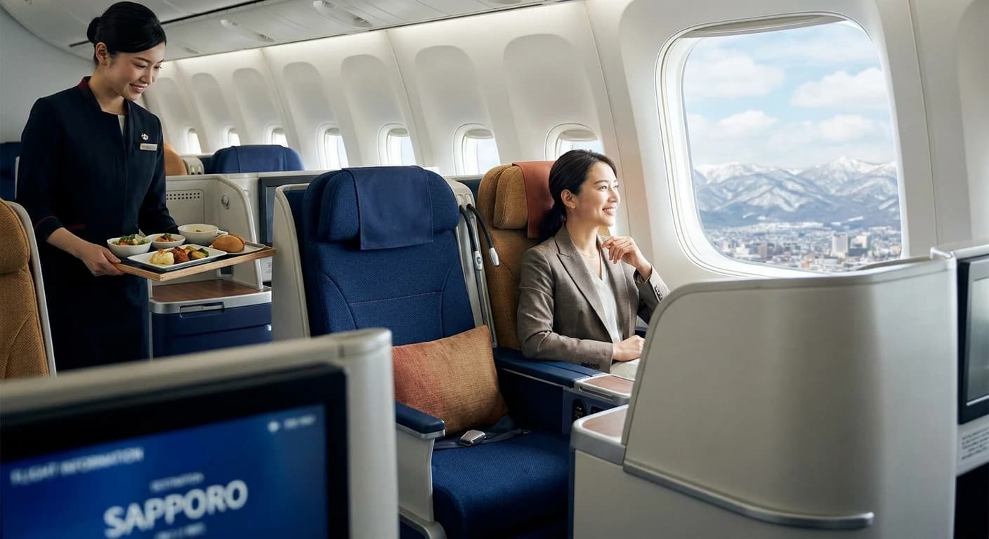 Premium business class cabin on flight to Sapporo