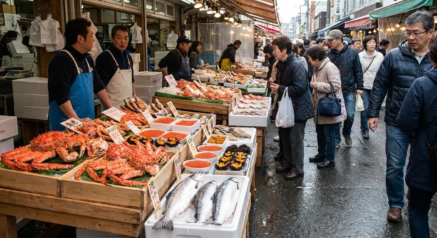 Fresh Hokkaido seafood at a Sapporo market
