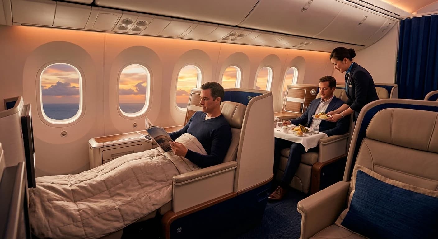 Premium business class cabin on transpacific flight