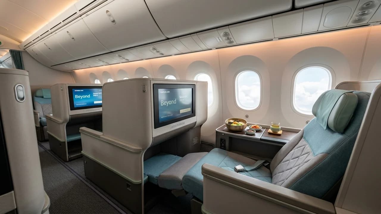 Korean Air business class cabin with lie-flat suite and premium amenities