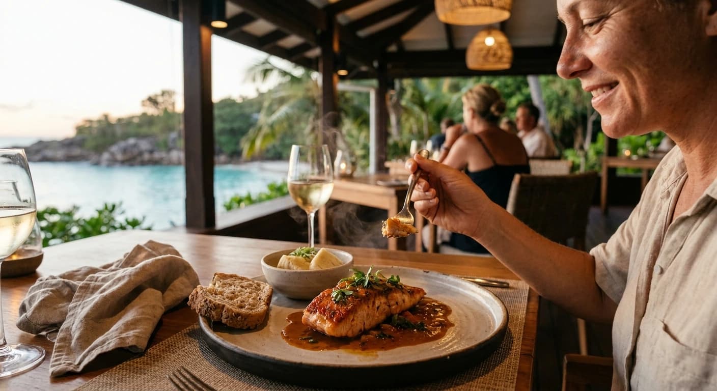Fresh Seychellois seafood and Creole cuisine served at a beachfront restaurant