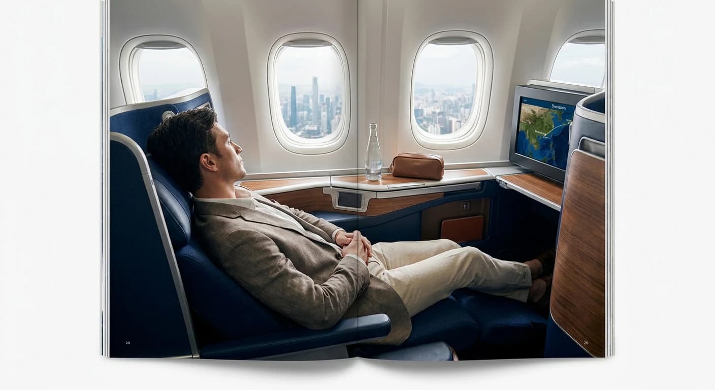 Business class cabin on a flight to Shenzhen with lie-flat seats