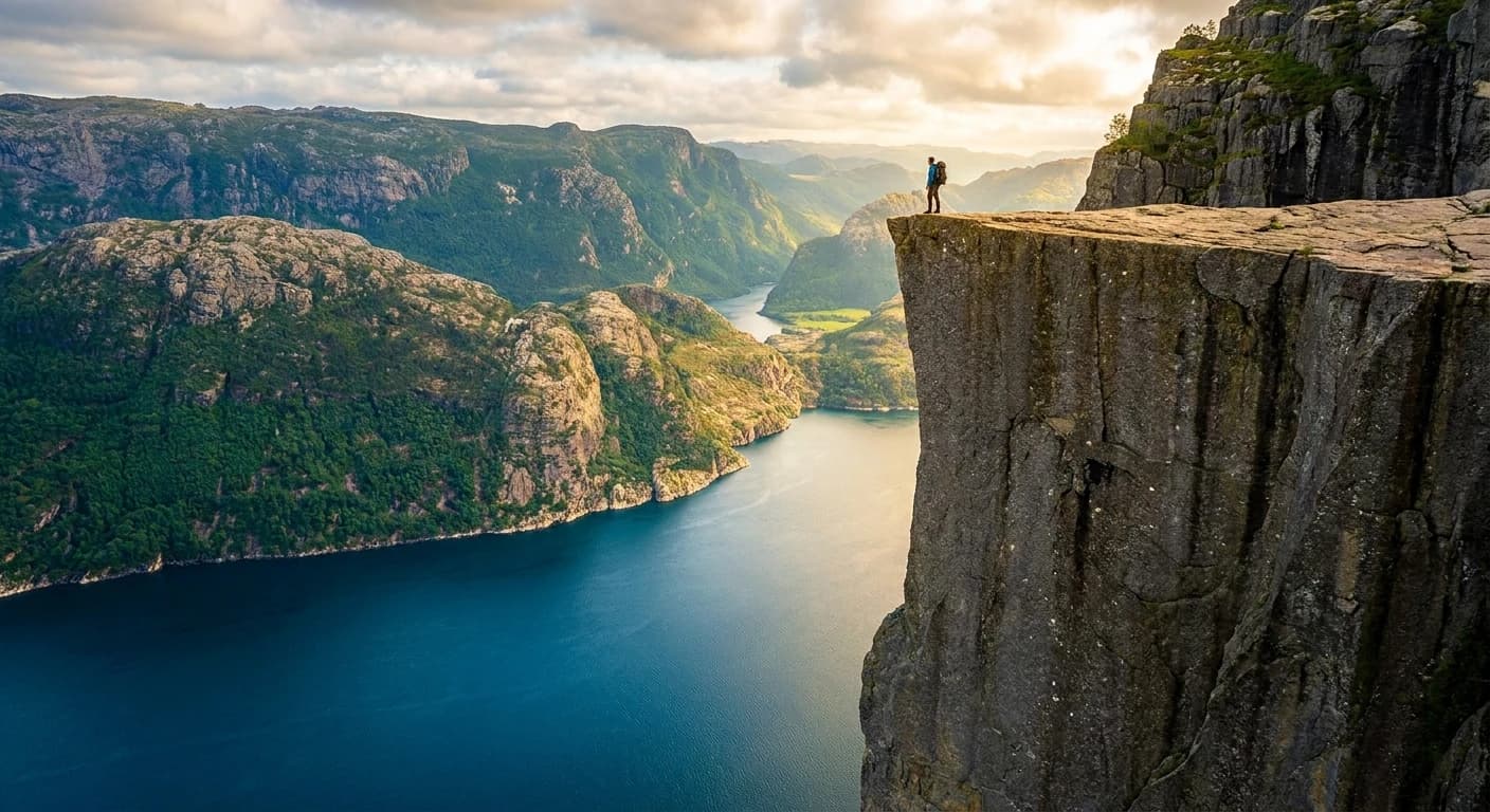 Dramatic view from Pulpit Rock (Preikestolen) over the Lysefjord in Stavanger, Norway