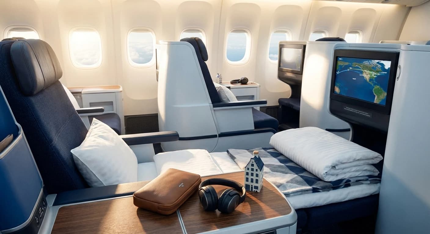 KLM World Business Class lie-flat cabin with premium amenities on transatlantic flight