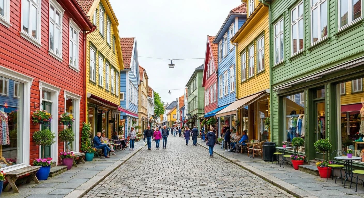 Colorful Øvre Holmegate street with boutique shops and cafés in Stavanger city center