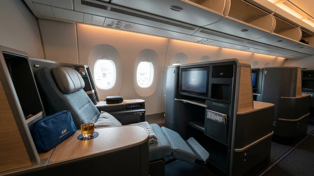 SAS business class cabin with lie-flat suite and premium amenities