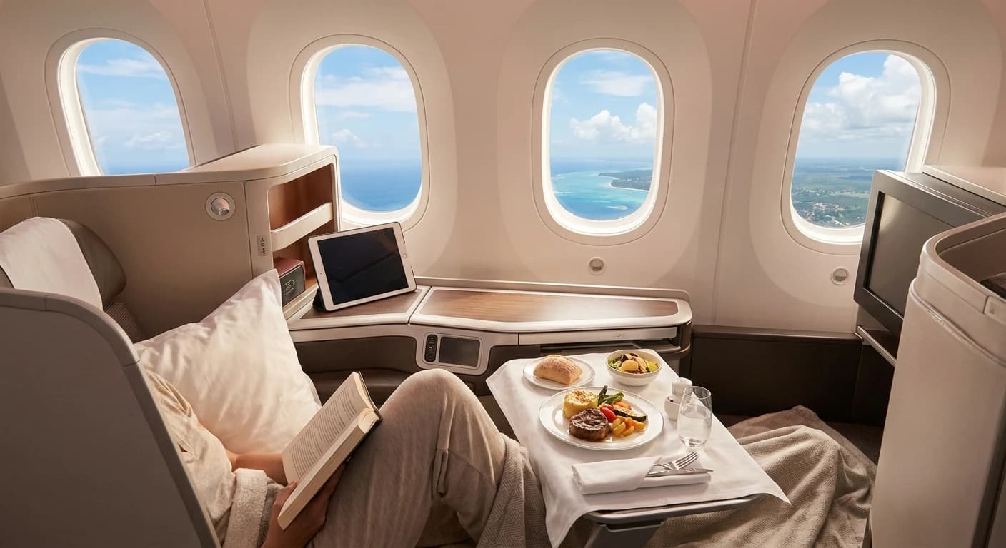 Business class lie-flat suite on a flight to Zanzibar