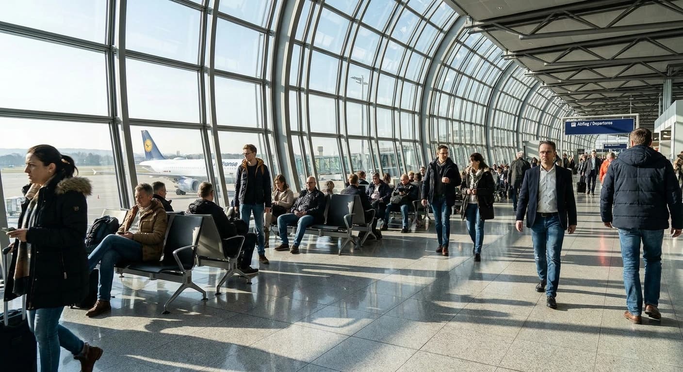 Stuttgart Airport terminal interior with modern architecture and departure gates
