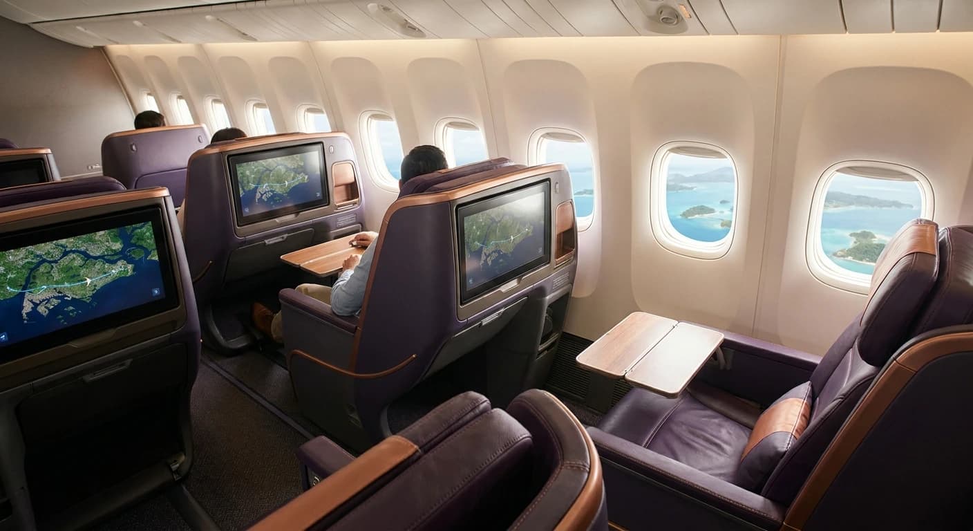 Singapore Airlines business class cabin on the route serving Surabaya connections