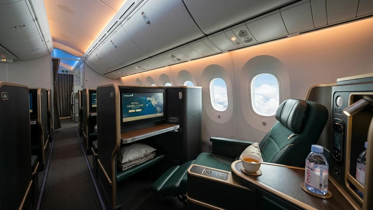EVA Air business class cabin with lie-flat suite and premium amenities