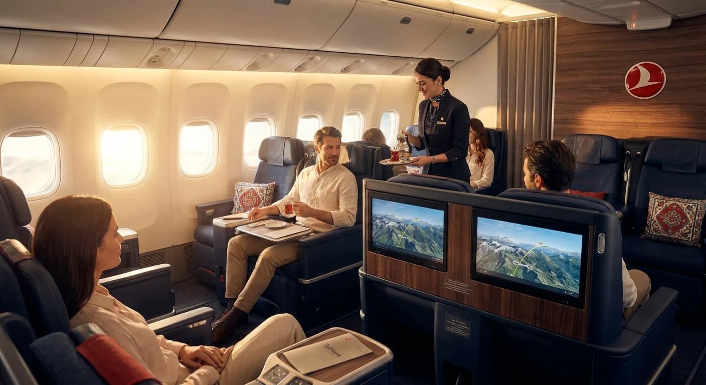 Turkish Airlines business class cabin on the route connecting to Tashkent