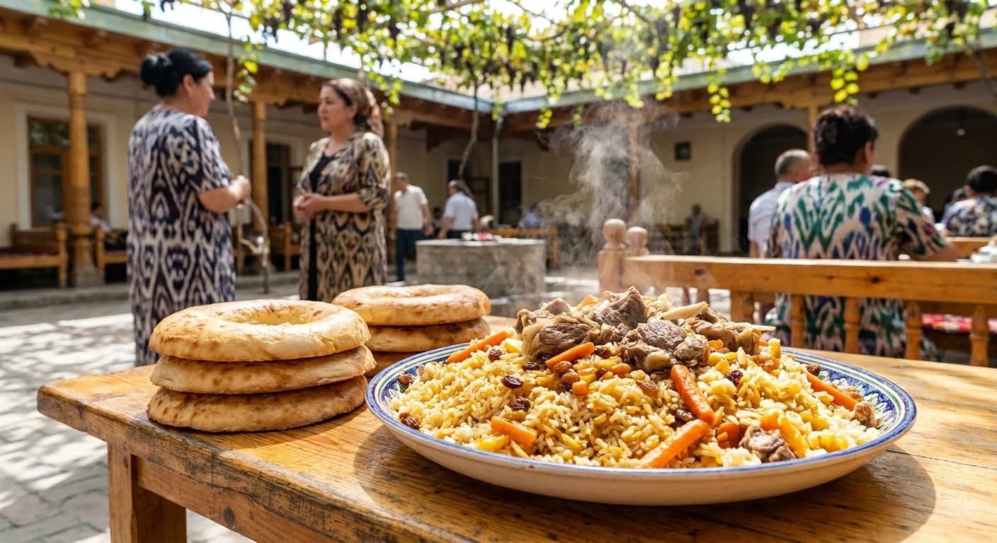 Traditional Uzbek plov and fresh bread at a Tashkent dining establishment