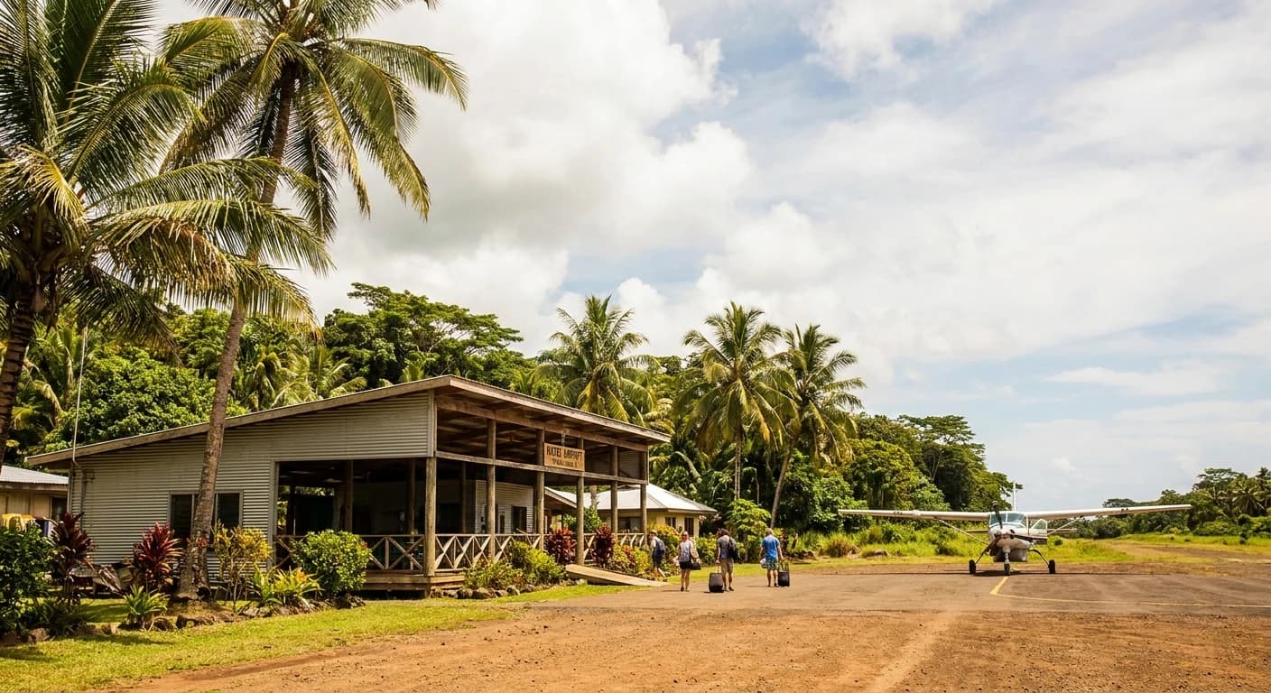 Taveuni Airport regional terminal with tropical island surroundings