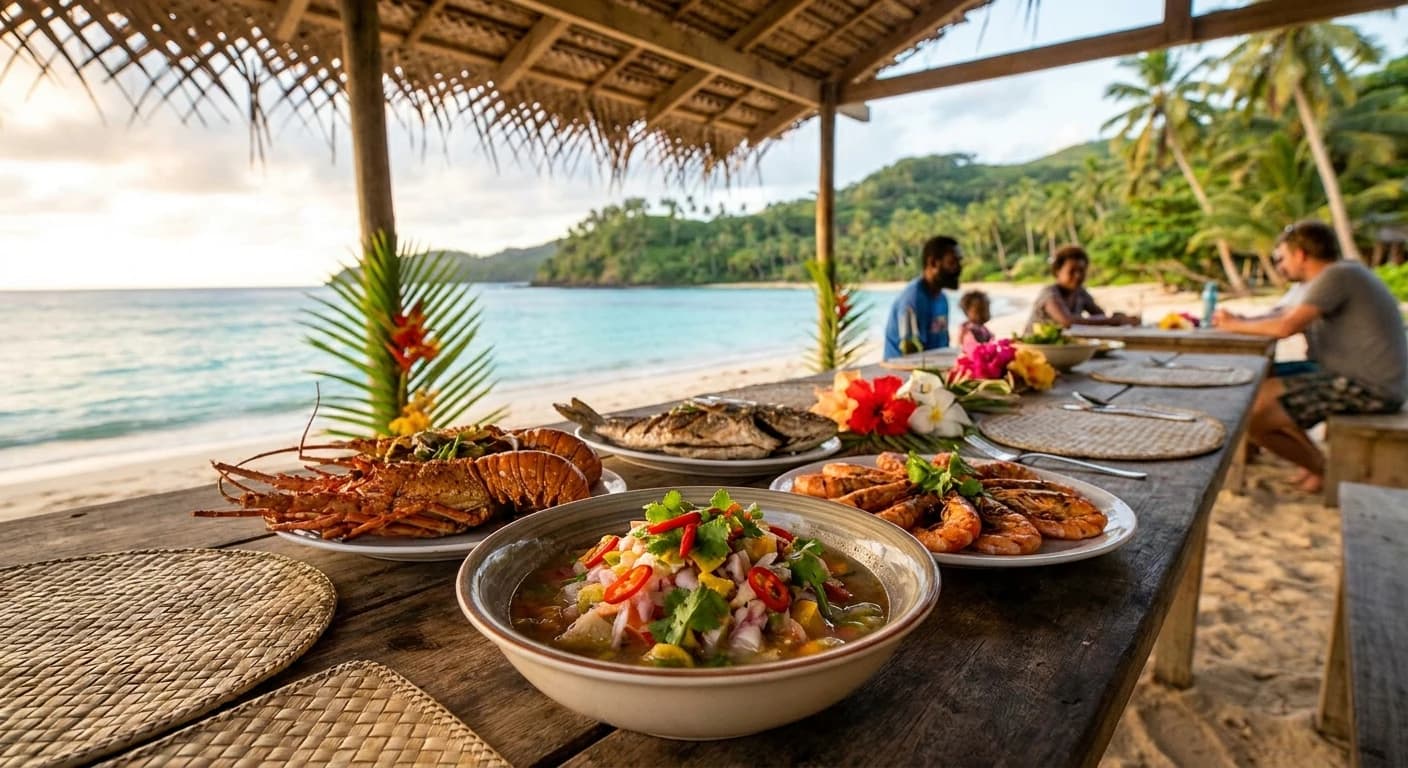 Fresh Fijian kokoda and tropical seafood dining experience in Taveuni