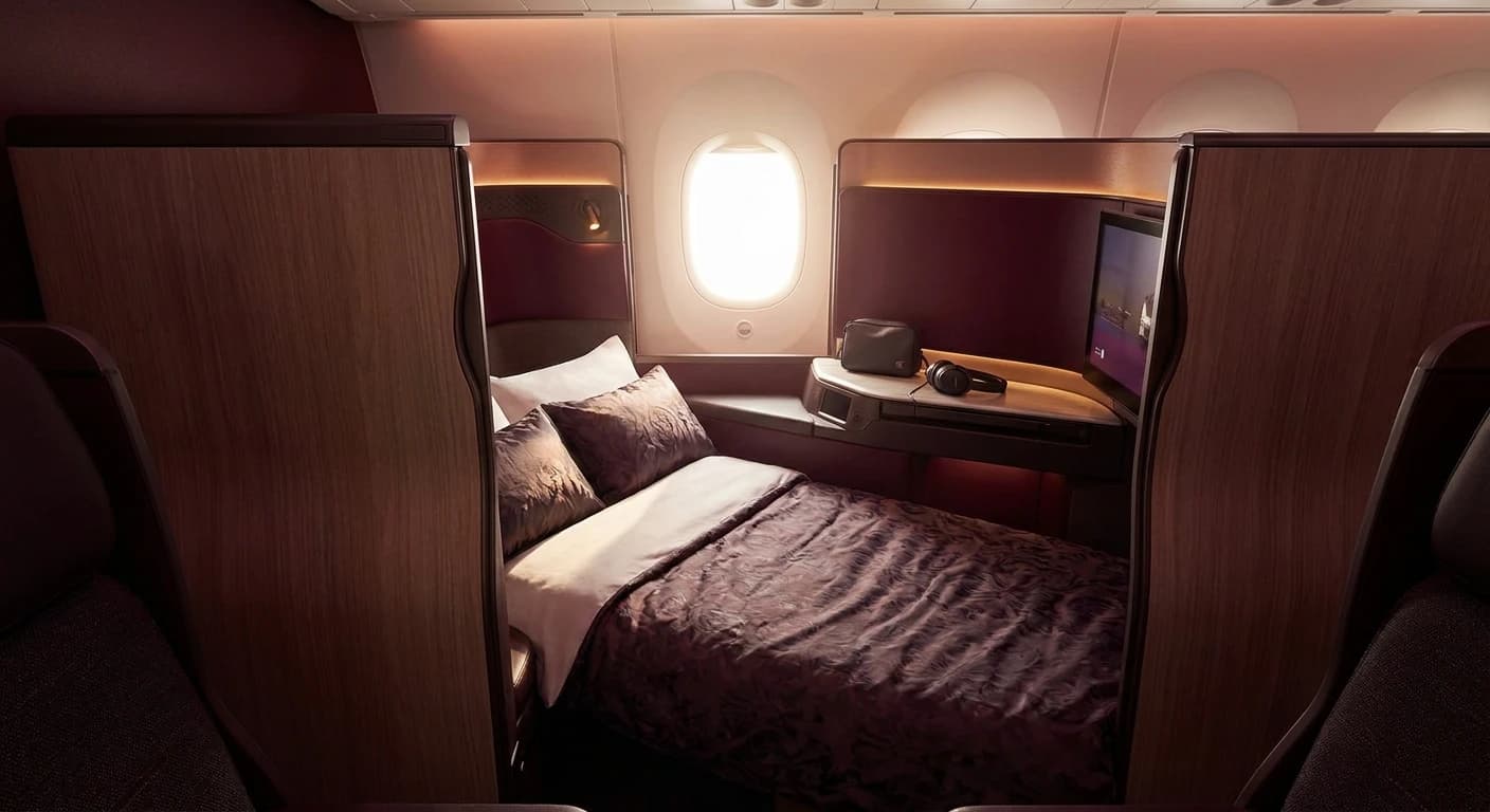 Qatar Airways Qsuite business class cabin with enclosed suite and lie-flat bed